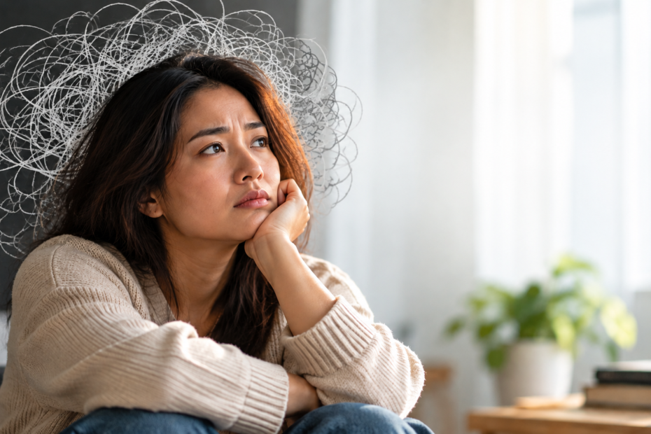 Ilustrasi seorang wanita yang mengalami overthinking dan pikiran yang terus berulang